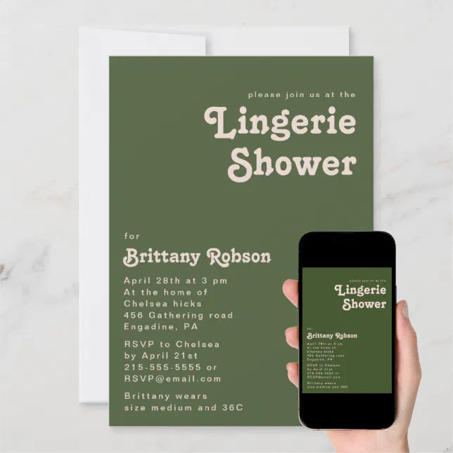 Simple Retro Vibes Olive Green Lingerie Shower Invitation Zazzle