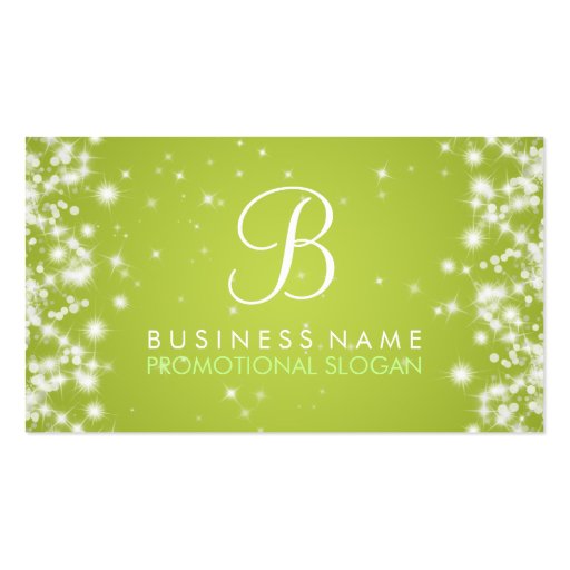 Simple Sparkle Monogram Lime Green Business Card Templates (front side)