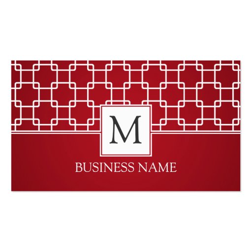 Simple Trellis Pattern Monogram Red Business Card Templates (front side)