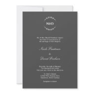 Simple wreath initial monogram charcoal wedding invitation