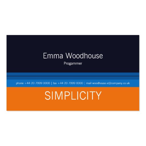 Simplicity Navy Blue & Orange Business Card Template (front side)