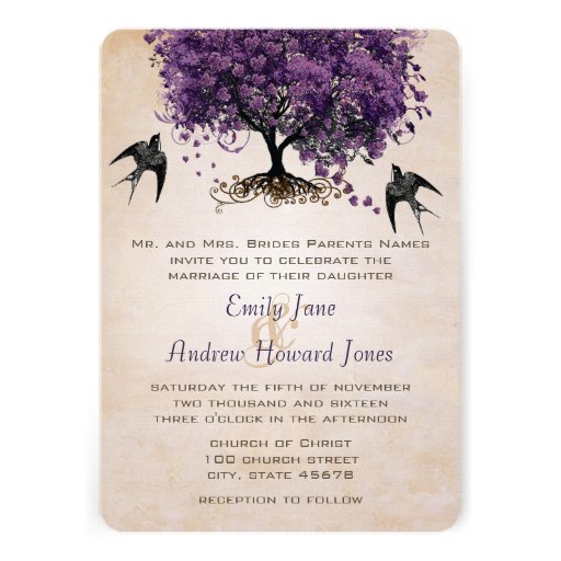 Simply Peachy Purple Heart Leaf Tree Wedding Custom Announcement