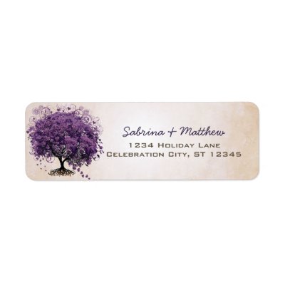 Simply Peachy Purple Heart Leaf Tree Wedding Label