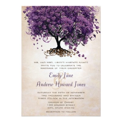 Simply Peachy Purple HeartLeaf Tree Wedding Invite