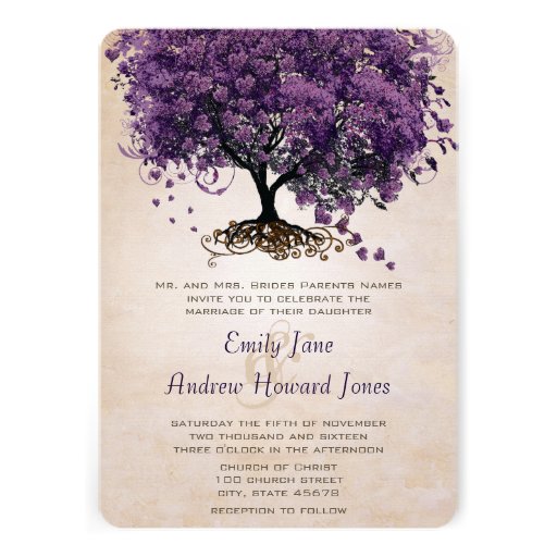 Simply Peachy Purple HeartLeaf Tree Wedding Invite