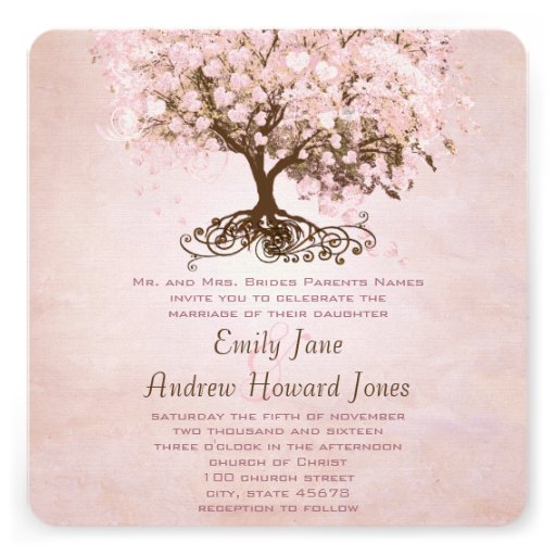 Simply Pink Heart Leaf Tree Love Bird Wedding Invitation