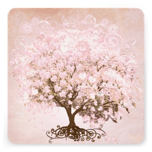 Simply Pink Heart Leaf Tree Love Bird Wedding Invitation