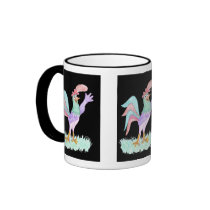 Singing Rooster on Black by Wendy C. Allen mugs