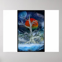Single Dead Tree Foggy Night Orange Moon Posters