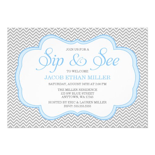 Sip and See Gray Chevron Blue Frame Invitations