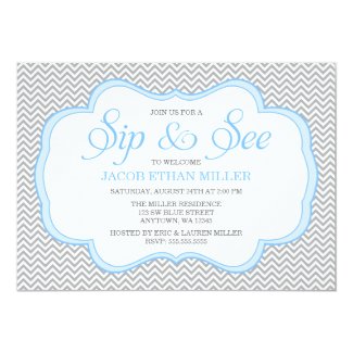Sip and See Gray Chevron Blue Frame Invitations