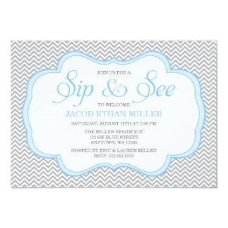 Sip and See Gray Chevron Blue Frame Invitations