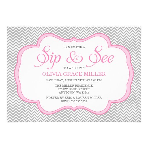 Sip and See Gray Chevron Pink Frame Invitations