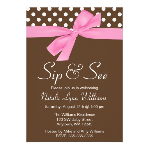 Sip and See Pink Brown Polka Dot Bow Personalized Invite