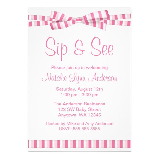 Sip and See Pink Stripe Ribbon Bow Custom Invites