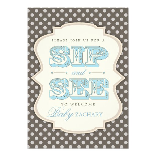 Sip and See Sweet Baby Boy Blue Brown Invitation
