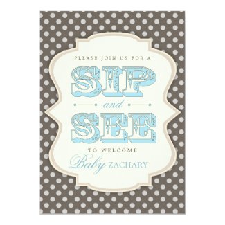 Sip and See Sweet Baby Boy Blue Brown Invitation