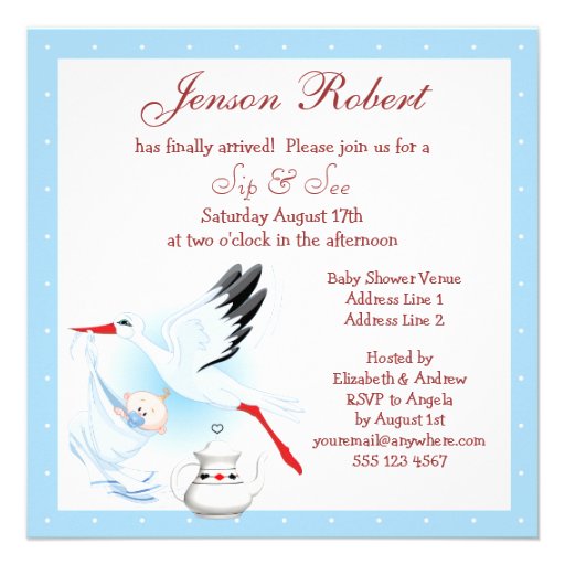 Sip & See Stork Delivering Baby Blue Baby Shower Announcement