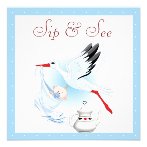 Sip & See Stork Delivering Baby Blue Baby Shower Announcement