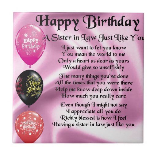 Sister In Law Poem Happy Birthday Design Tile Zazzle 