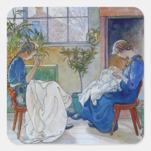 Sisters Sewing by the Fireplace Stickers