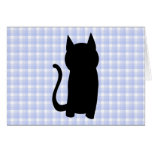 Sitting Black Cat Silhouette. On pale blue check. Greeting Cards