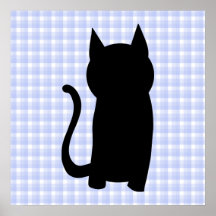 Sitting Black Cat Silhouette. On pale blue check. Posters