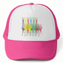 six lamas in six llama colors trucker hats