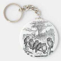 Six Little Owls Sitting on a Broken Down Fence Keychains