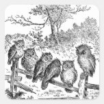 Six Little Owls Sitting on a Broken Down Fence Square Stickers