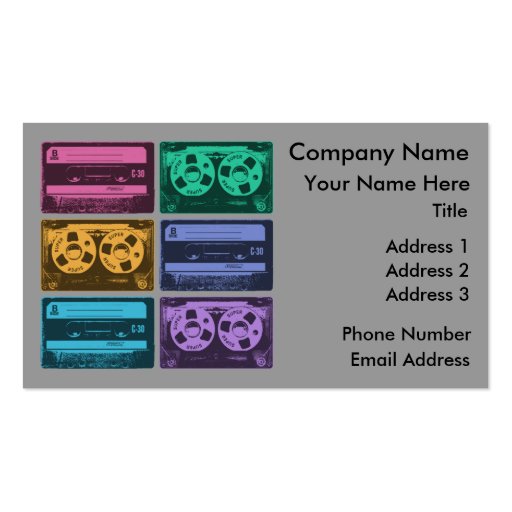 Six Old School Cassette Tapes Business Card Templates (front side)