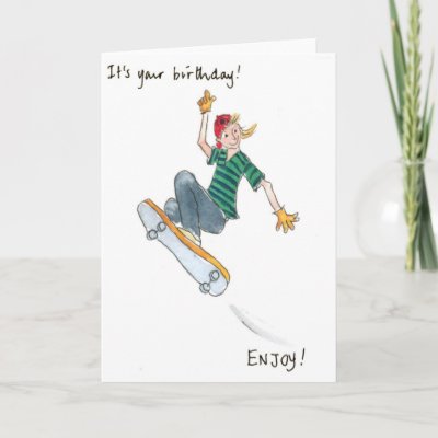 handpainted birthday card with a boy skate-boarding