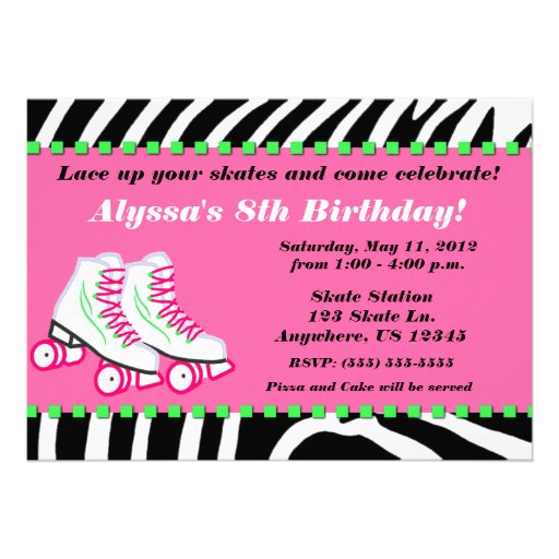 Skate Party Girls Zebra Print Birthday Invitation