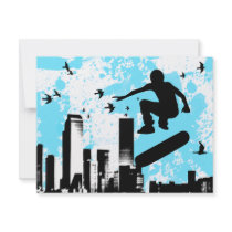 skateboard with birds : cityscape custom invitations