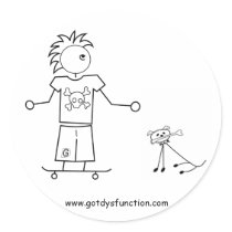 Skateboarder with dog stickers