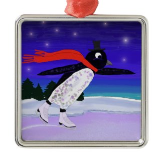 Skating Penguin Metal Square Ornament