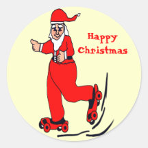 Skating Santa Round Stickers