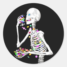 Skeleton Eating Halloween Candies. Round Sticker