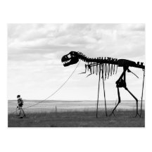 Skeleton man walking skeleton dinosaur, SD Postcards