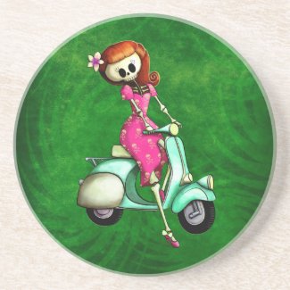 Skeleton Pin Up Girl on Scooter Drink Coaster