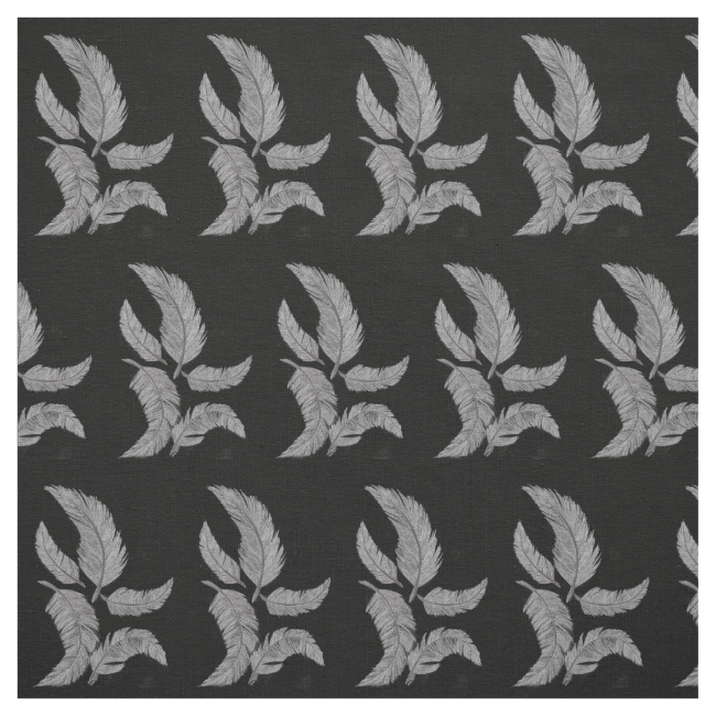 Sketched Feathers on Black Background. Fabric Sketched Feathers on Black Background. Fabric