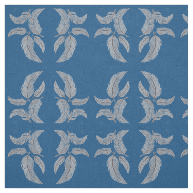 Sketched Feathers on blue Background, Mirrored. Fabric