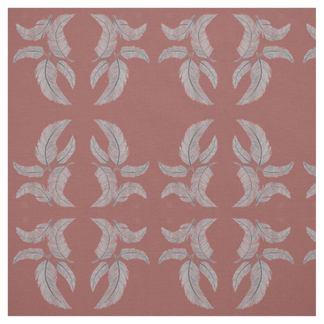 Sketched Feathers on Red Background, Mirrored. Fabric