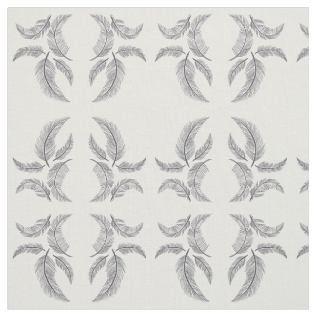 Sketched Feathers on White Background, Mirrored. Fabric