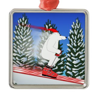 Skiing Polar Bear Square Metal Ornament