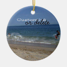 Skimboarders in the Surf; Customizable Ornament