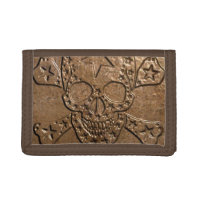 Skull and Bones Metal/Brown Tri-Fold Nylon Wallet