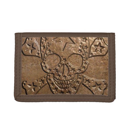 Skull and Bones Metal/Brown TriFold Nylon Wallet Zazzle