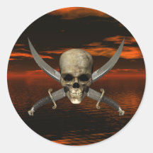 Skull and Crossed Swords w/Red Sky Background 1 Round Sticker