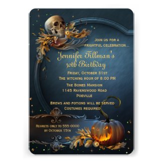 Skull and Pumpkin Halloween Birthday Party Custom Announcement by mousearte